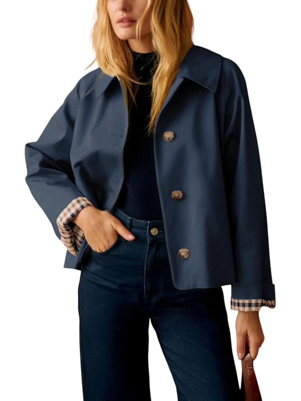 Women's Navy Cropped Plaid Cuff Lining Button Down Single-Breasted Trench Coat